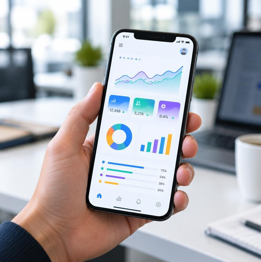 Smartphone displaying a mobile app with charts
