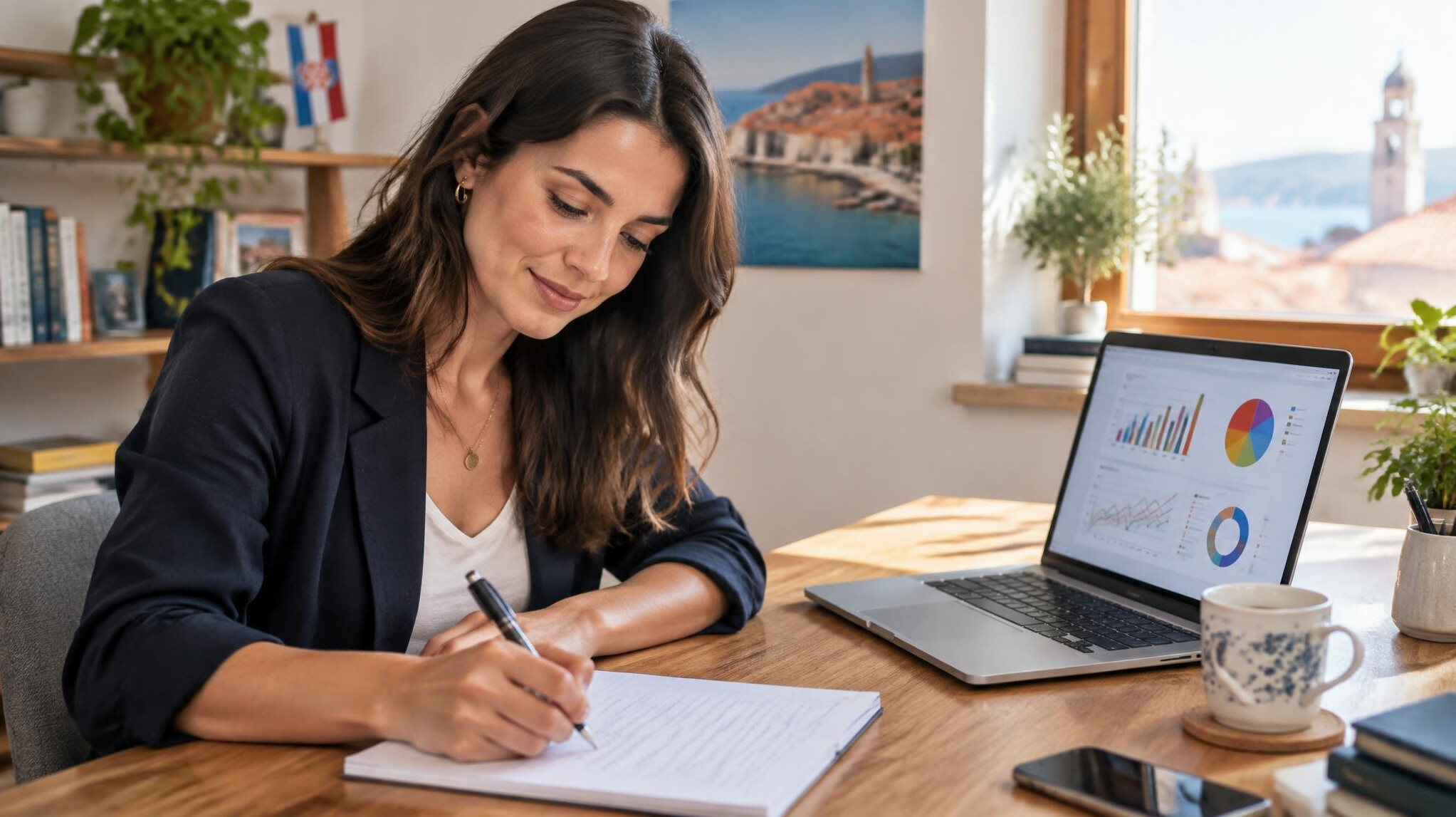 Woman writing notes next to a laptop with charts